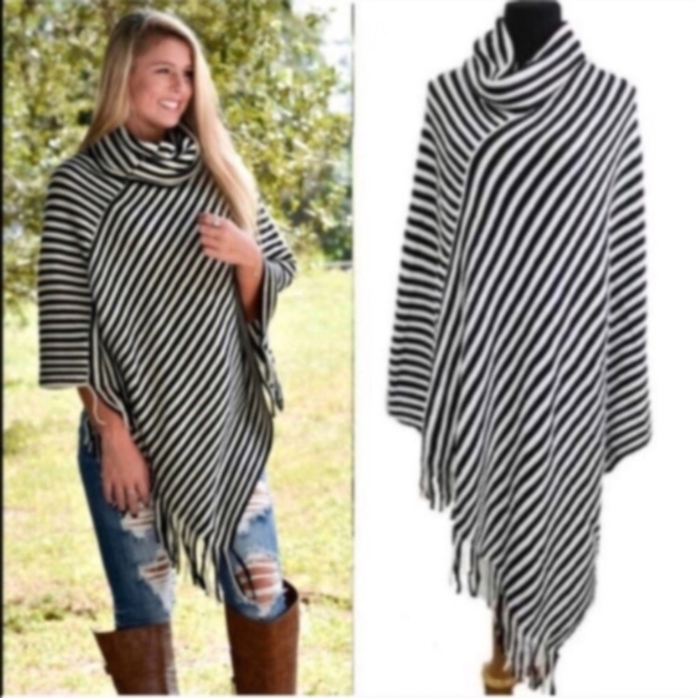 🆕Warm & Soft Striped Ivory/Black Striped Poncho
